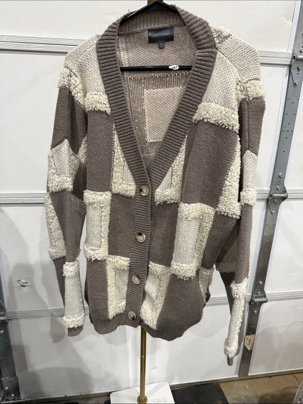 Hudson Gray Patchwork Chunky Knit Cardigan - Taupe & Cream